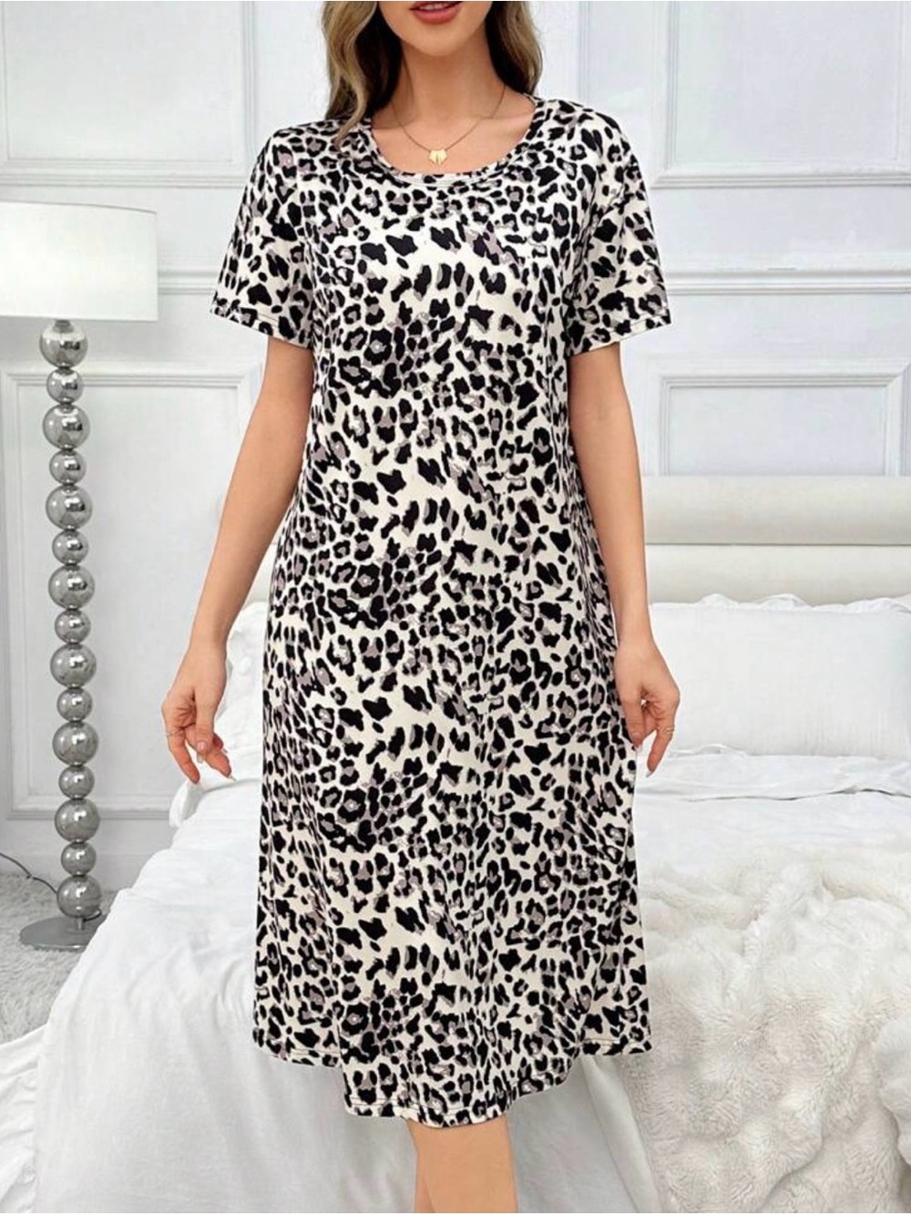Leopard Print Short Sleeve Midi Dress - Black & White